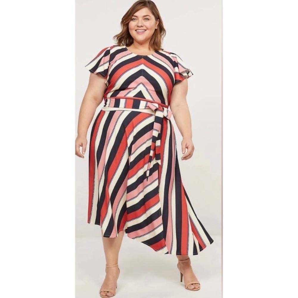 Lane Bryant Striped Asymmetrical Hem Knit Midi Dress Belt Flutter Sleeves‎ Sz 16
